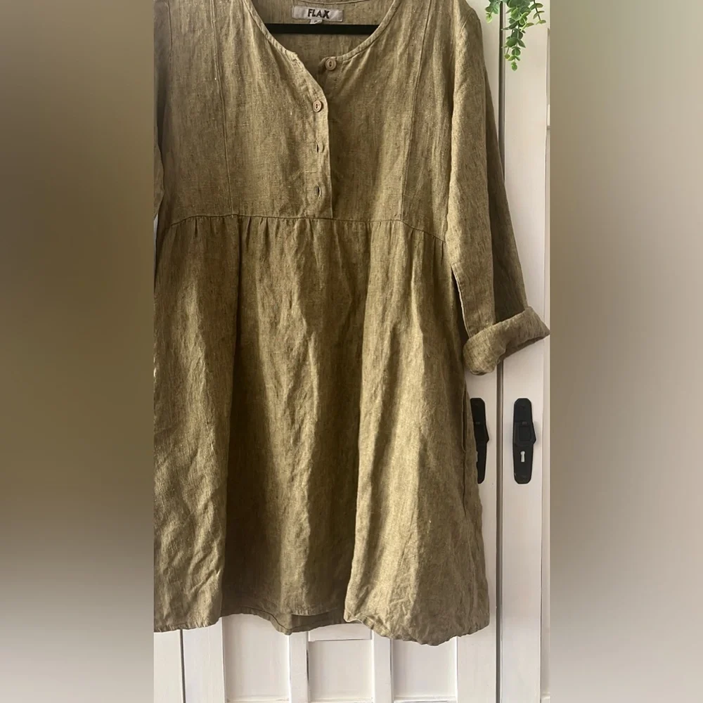 FLAX GREEN LONG SLEEVE BABY DOLL DRESS TO CUTE nwot P - Picture 3 of 5